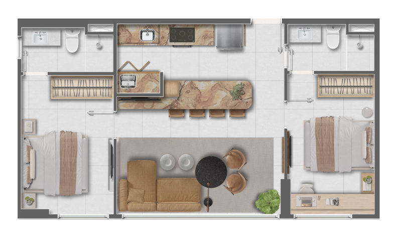 PERSPECTIVA ILUSTRATIVA DA PLANTA DECORADA <strong>BLEND MALBEC</strong> - 2 SUÍTES - 57m² - PADRÃO