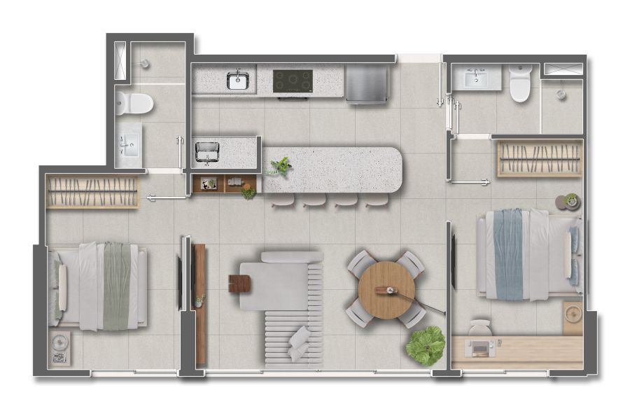 PERSPECTIVA ILUSTRATIVA DA PLANTA DECORADA <strong>BLEND TANNAT</strong> - 2 SUÍTES - 59m² - PADRÃO