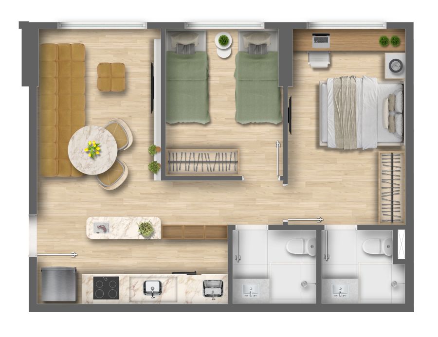 PERSPECTIVA ILUSTRATIVA DA PLANTA DECORADA <strong>BLEND CABERNET</strong>- 2 QUARTOS COM 1 SUÍTE - 46m² - PADRÃO