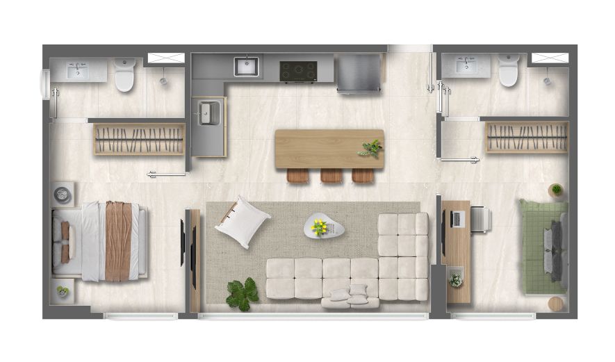 PERSPECTIVAS ILUSTRATIVAS DAS PLANTAS DECORADAS - OPÇÃO DE ÁREA DE SERVIÇO INTEGRADA PARA APARTAMENTOS TIPO <strong>BLEND MALBEC</strong> - 57m²