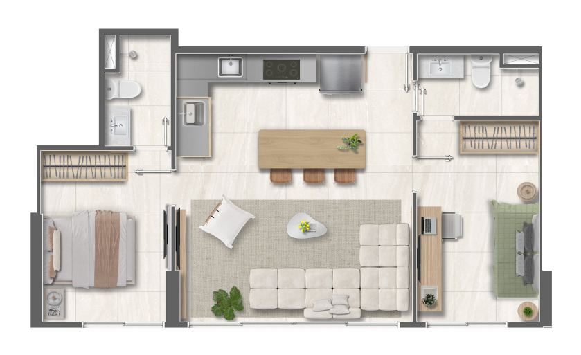 PERSPECTIVAS ILUSTRATIVAS DAS PLANTAS DECORADAS - OPÇÃO DE ÁREA DE SERVIÇO INTEGRADA PARA APARTAMENTOS TIPO <strong>BLEND TANNAT</strong> - 59m²